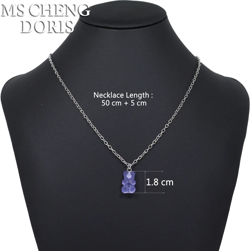 Handmade 33 Styles Colors Cute Resin Gummy Bear Chain Necklaces, Candy Color Pendan additional angle