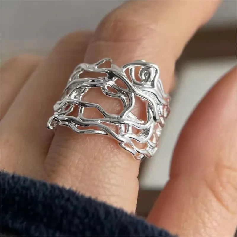 PANJBJ 925 Sterling Silve Multilayer Irregular Geometric Ring for Women Simple Charm R close-up view