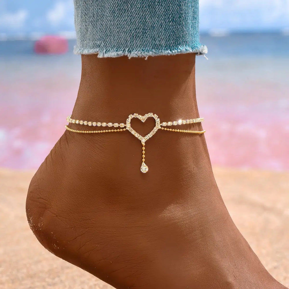Shiny Bling Heart Drop Tassel Charm Double Layer Anklet Women Beach Foot Chain Vaca additional angle
