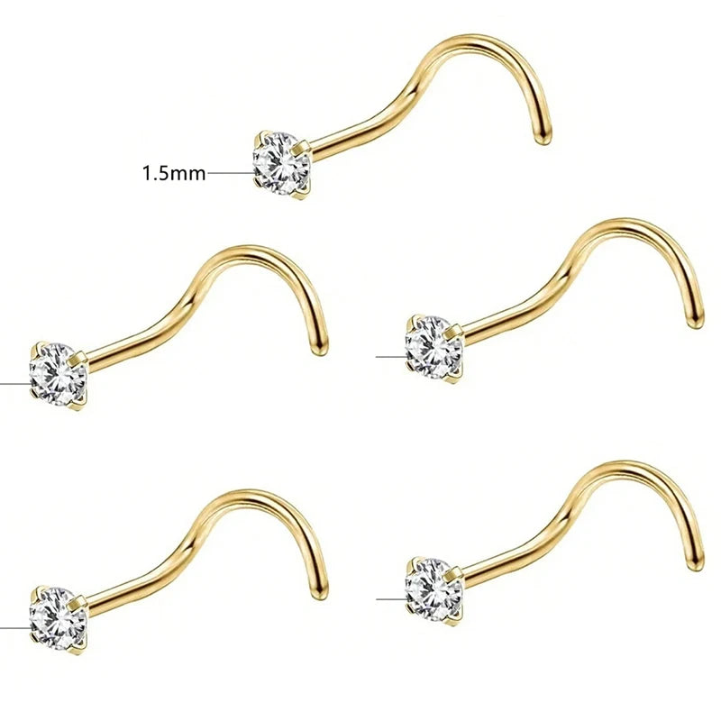 1/3/5Pcs Minimalist Curved Bar Nose Studs Stainless Steel CZ Inlaid Nose Piercing Jewe close-up view