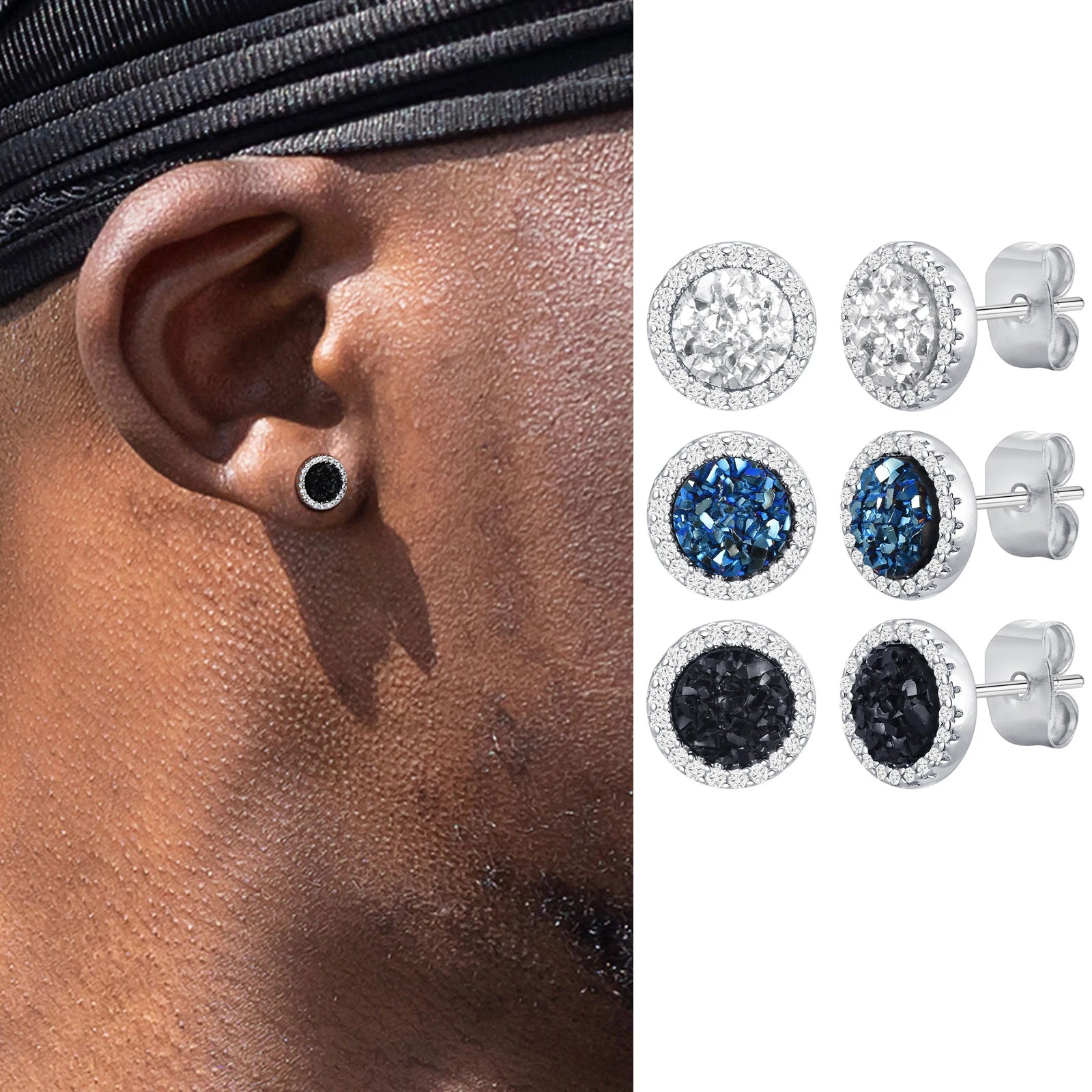 Shattered Zircon Stud Earrings for Men Boys | Hypoallergenic Round Minimalist Jewelry Gift