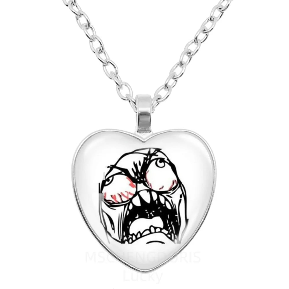 Rage Comic Necklace Derp Face Trollface Funny Meme Cartoon Glass Heart Shape Pendant lifestyle view