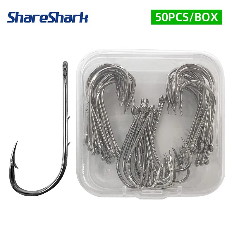 ShareShark 50pcs/box 92247 High Carbon Steel Fish Hook Long Handle with Barbed Curved Mouth Fishing
