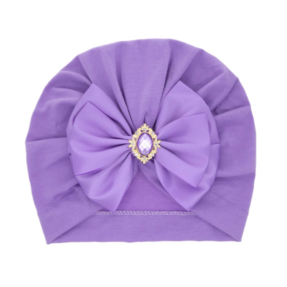Solid Color Baby Turban Bow Beanie with Rhinestone | Handmade Infant Cap for Girls 0-2 Y detail view