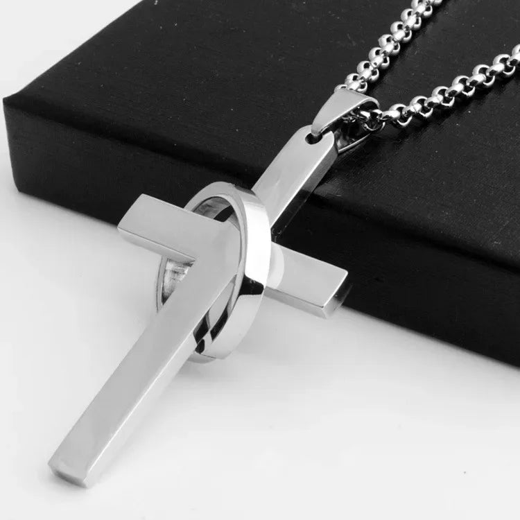 Simple Cross With Circle Pendant Necklace | Stainless Steel Christ Cruz Chain for Men alternate view
