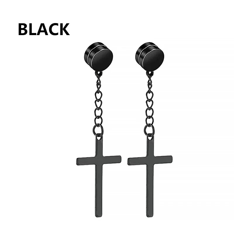 2pc Stainless Steel Men Cross Stars Punk Dangle Earrings Gothic Woman Cross Ear Hoop Ear detail view