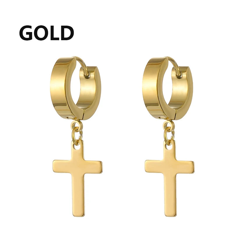 2pc Stainless Steel Men Cross Stars Punk Dangle Earrings Gothic Woman Cross Ear Hoop lifestyle view