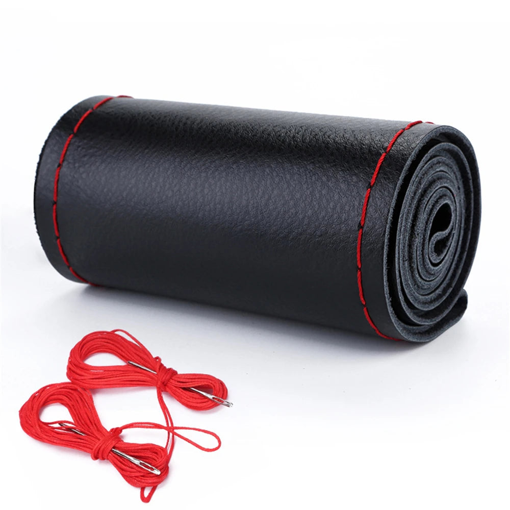 Leather Car Steering Wheel Cover Car Braid On The Steering Wheel 38 CM DIY Universal A close-up view