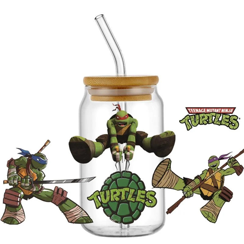 Cartoon Turtle Decal Stickers | Waterproof UV DTF Wrap for 16oz Libbey Glass close-up view