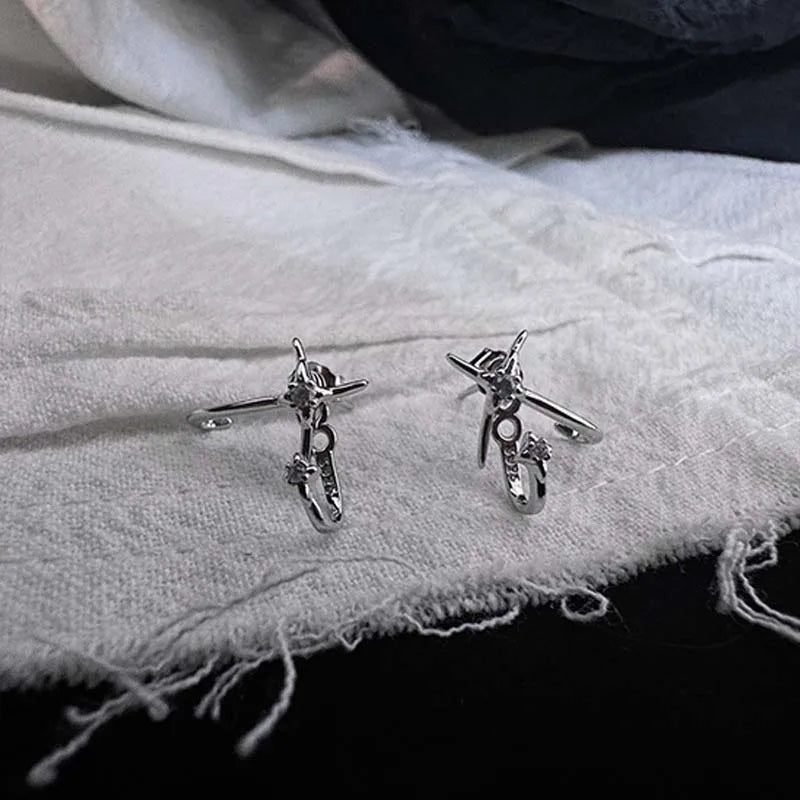 Luxury Silver Color Zircon Cross Stud Earrings for Women Men New Fashion Metal Shiny lifestyle view