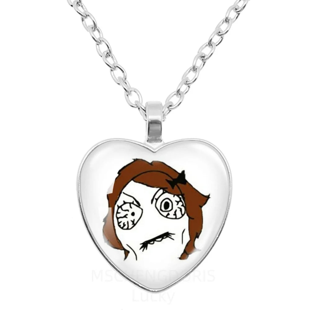 Rage Comic Necklace Derp Face Trollface Funny Meme Cartoon Glass Heart Shape Pendant C close-up view
