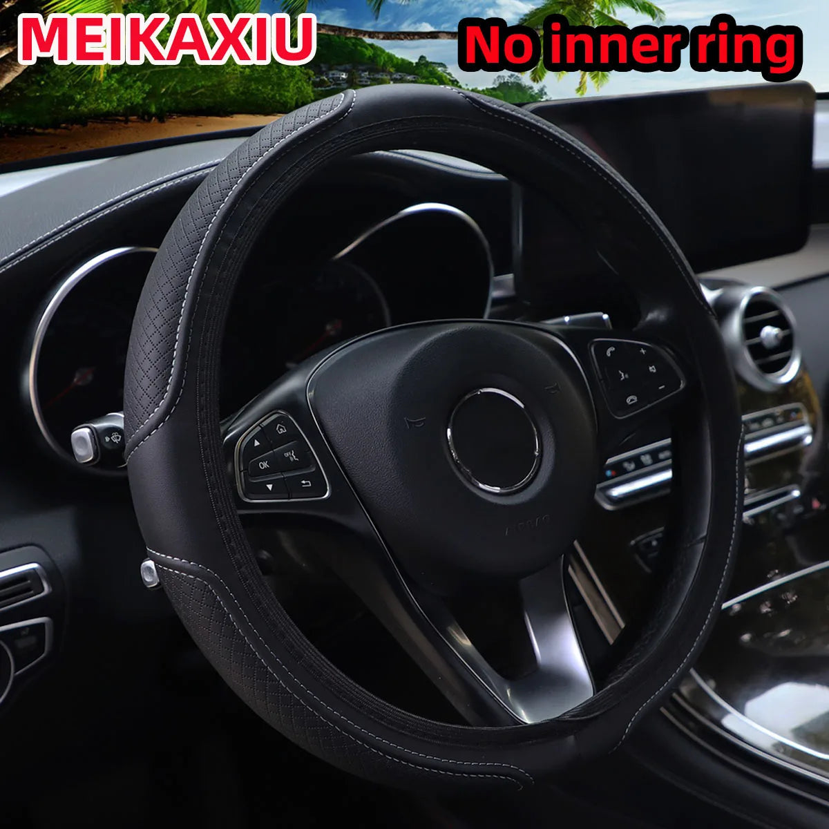 PU Leather Embossed Steering Wheel Cover 14.5-15 Inch Round Rimless Design for All additional angle