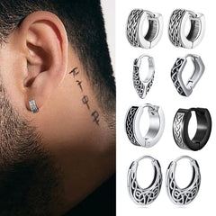 Punk Viking Hoop Earrings for Men Boys,Vintage Celtic Knot Stainless Steel Huggies Earrings,Hip Hop