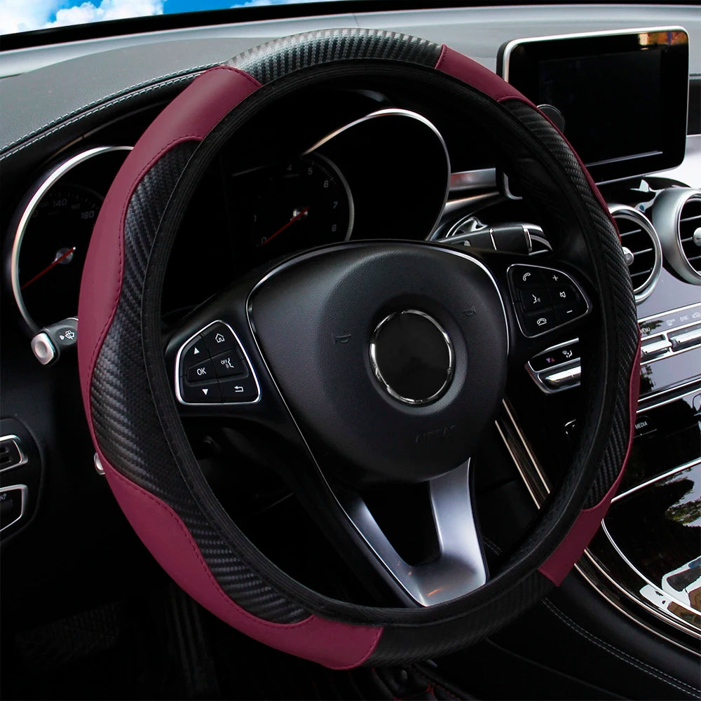 PU Carbon Fiber Leather Car Steering Wheel Cover | 14.5-15 Inch Grip Enhancer detail view
