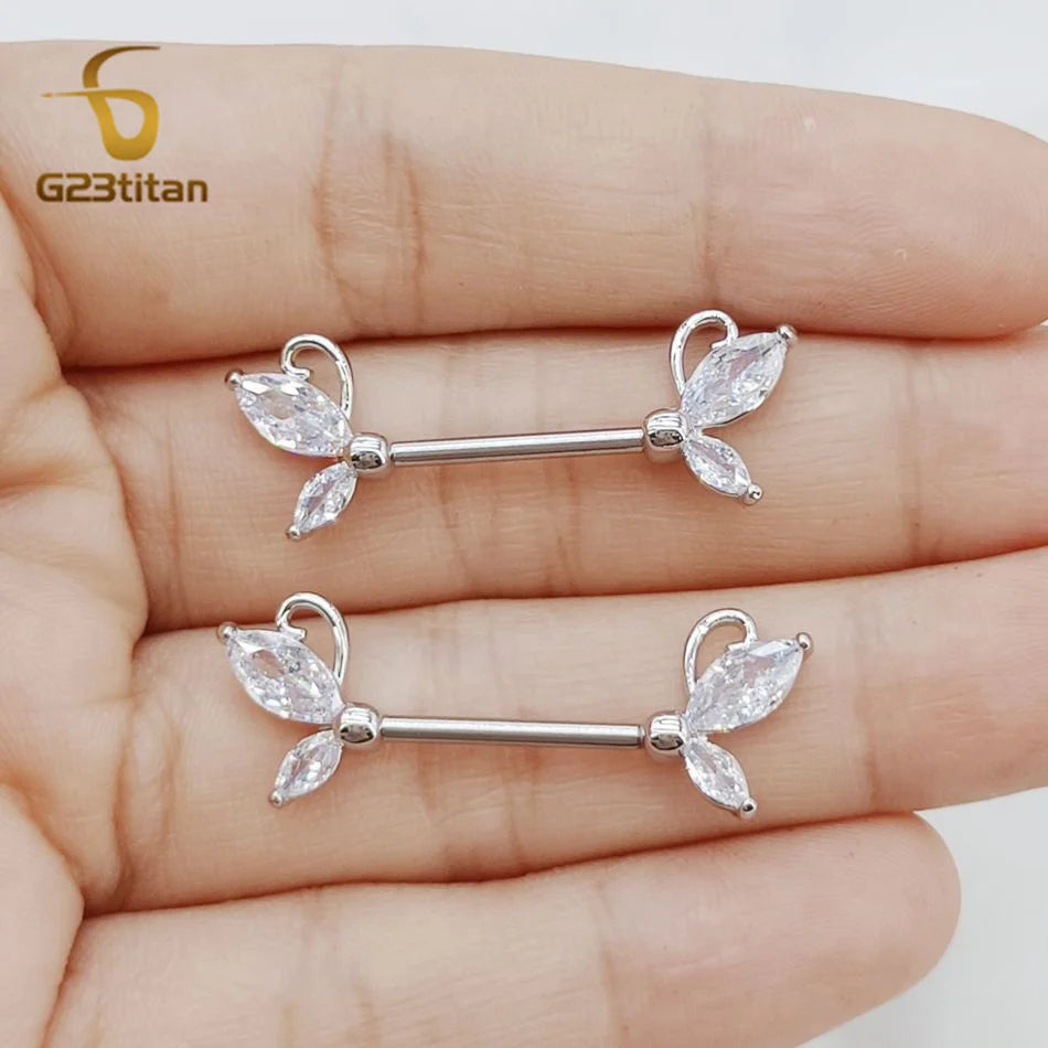 2pc Bohemia Silver Color Zircon Butterfly Nipple Rings G23 Titanium Straight Rod Boys Gi detail view
