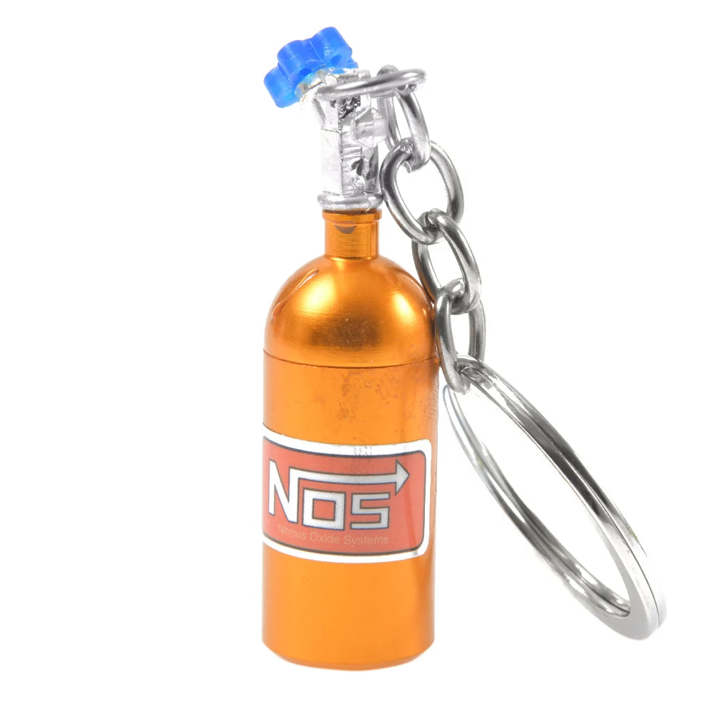 NOS Bottle Keychain Keyring | Metal Pill Box Stash Container for Car Keys close-up view