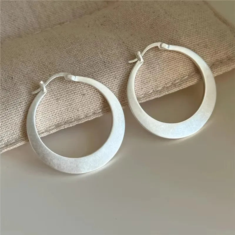 PANJBJ925 Sterling Silver Frosting Hoop Earrings For Women Texture Geometry Design additional angle