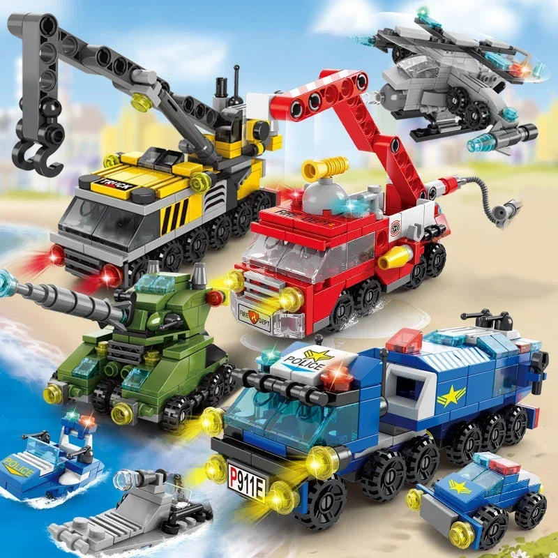 City Fire Car Building Blocks Set | 6-in-1 Police Truck, Engineering Crane, Tank & Helicopter Toys f