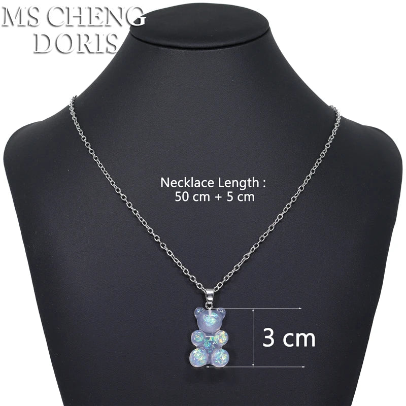 Handmade 33 Styles Colors Cute Resin Gummy Bear Chain Necklaces, Candy Color Pendan additional angle