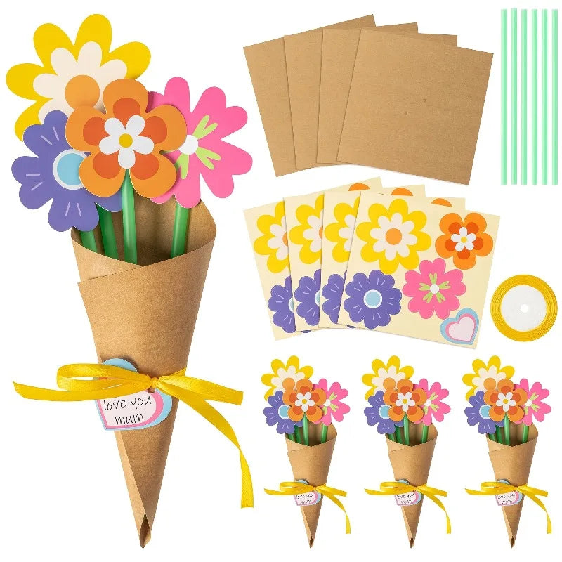 DIY Sunflower Bouquet Kit | 24pcs Paper Flowers with Cards and Ribbon close-up view