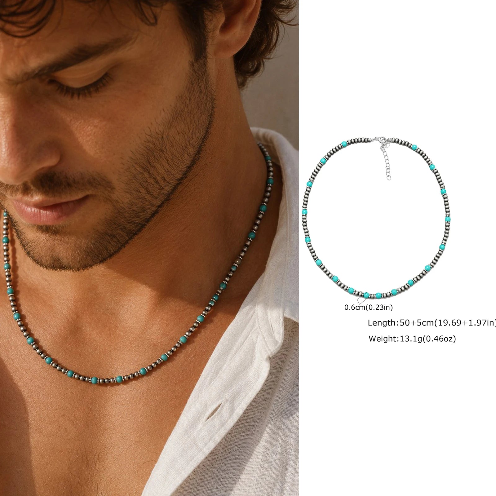 Synthetic Turquoise Necklace for Men | Natural Stone Mini Beads Summer Beach Bohemian close-up view