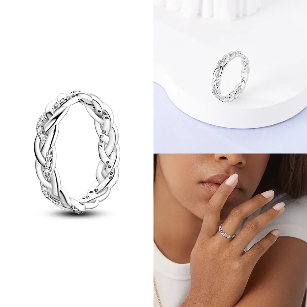 Original Romantic Heart-shaped White Zircon Shell Bowknot Rings 925 Sterling Silver W lifestyle view