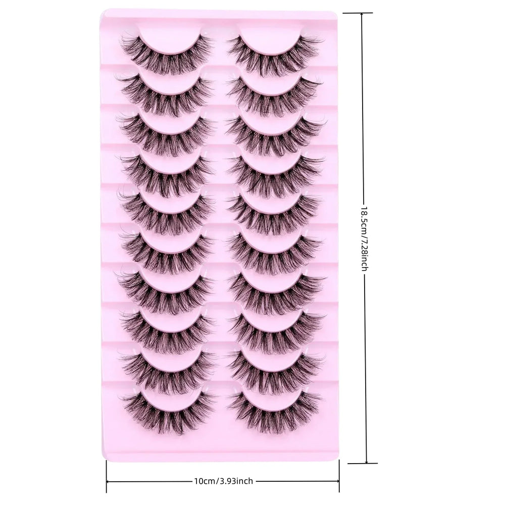 10 Pairs Natural Fluffy False Eyelashes | Wispy 3D Volume Strip Lashes with Clear Band close-up view