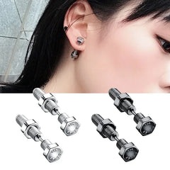 Gothic Stud Earrings Set | Unisex Stainless Steel Punk Screw Earrings close-up view