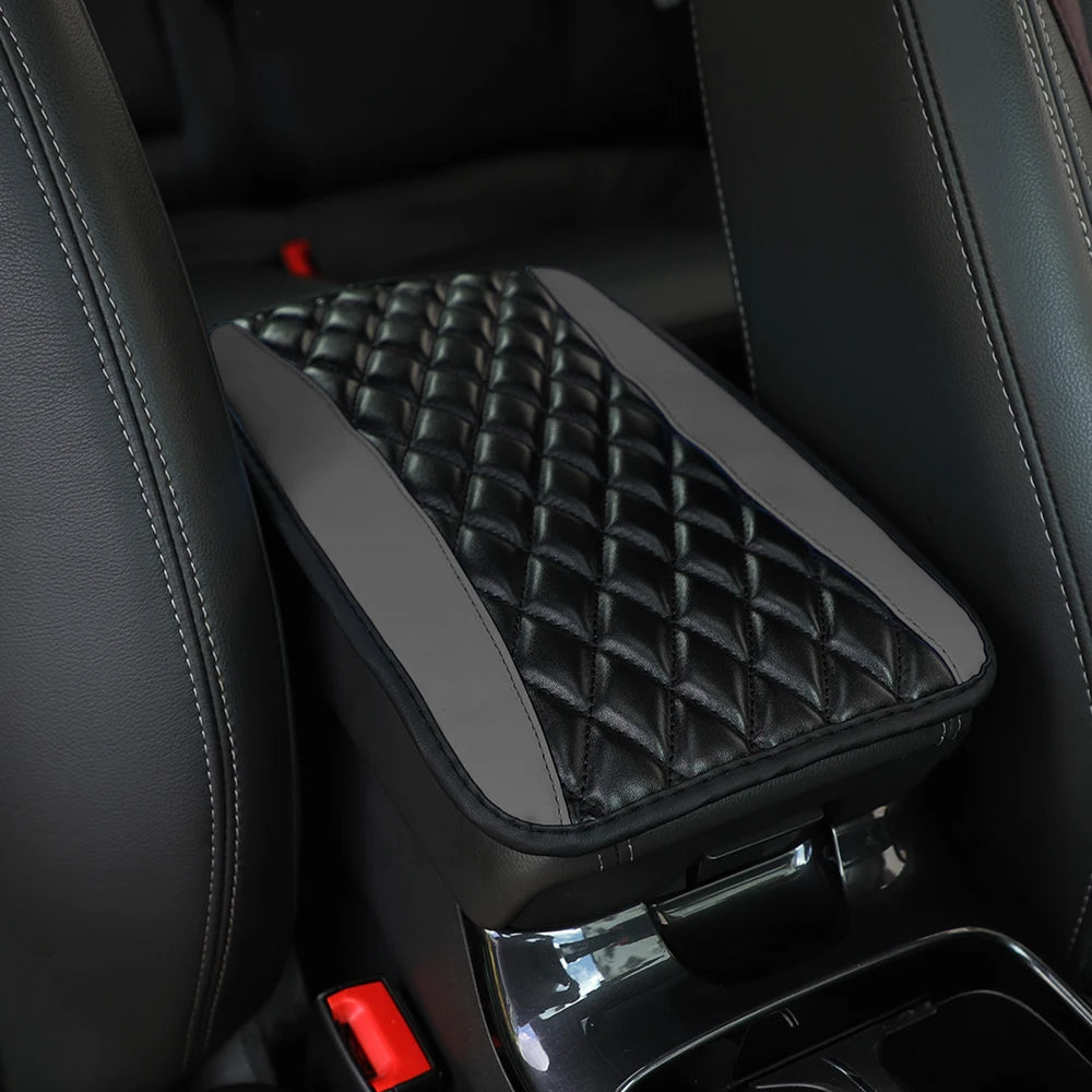 PU leather multi-color three-dimensional embroidered car armrest cushion, center console detail view