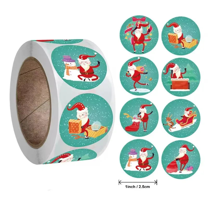 Merry Christmas Stickers | Round Roll Sticker Pack for Gift Wrapping and DIY Crafts close-up view