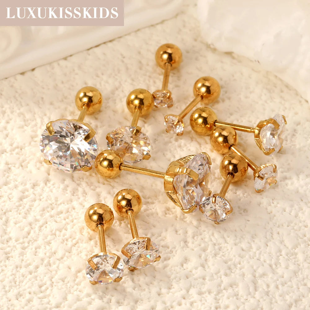 Crystal Round Stud Earrings for Men | Surgical Steel Screw Back Earrings additional angle
