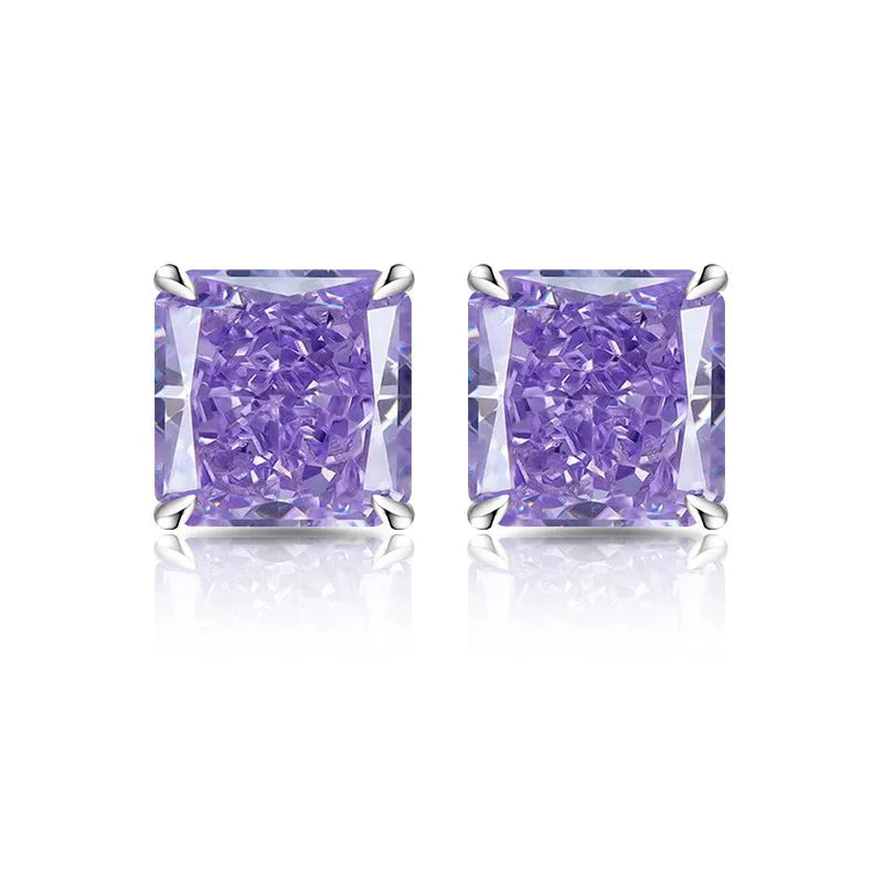 High Carbon Diamond Square 925 Sterling Silver Stud Earrings Premium Color Ice Flower close-up view