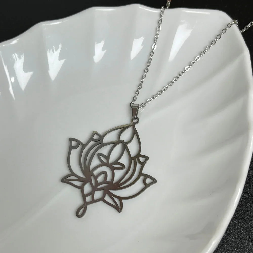 Stainless Steel Unalome Pendant Necklace | Yoga Jewelry with Lotus Flower lifestyle view