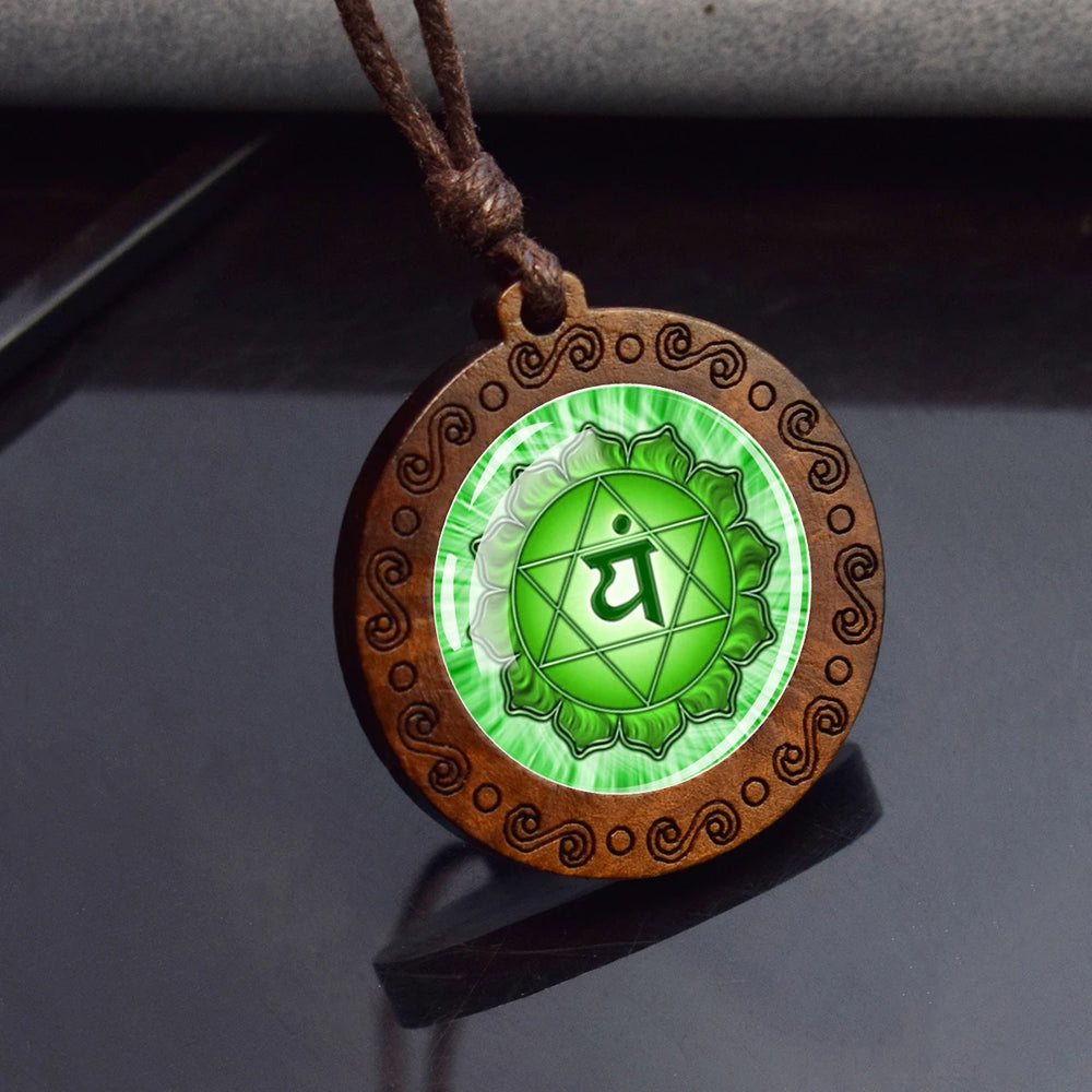 7Chakra Symbol Necklace Yoga Meditation Glass Dome Vintage Wooden Pendant Rope Chains close-up view