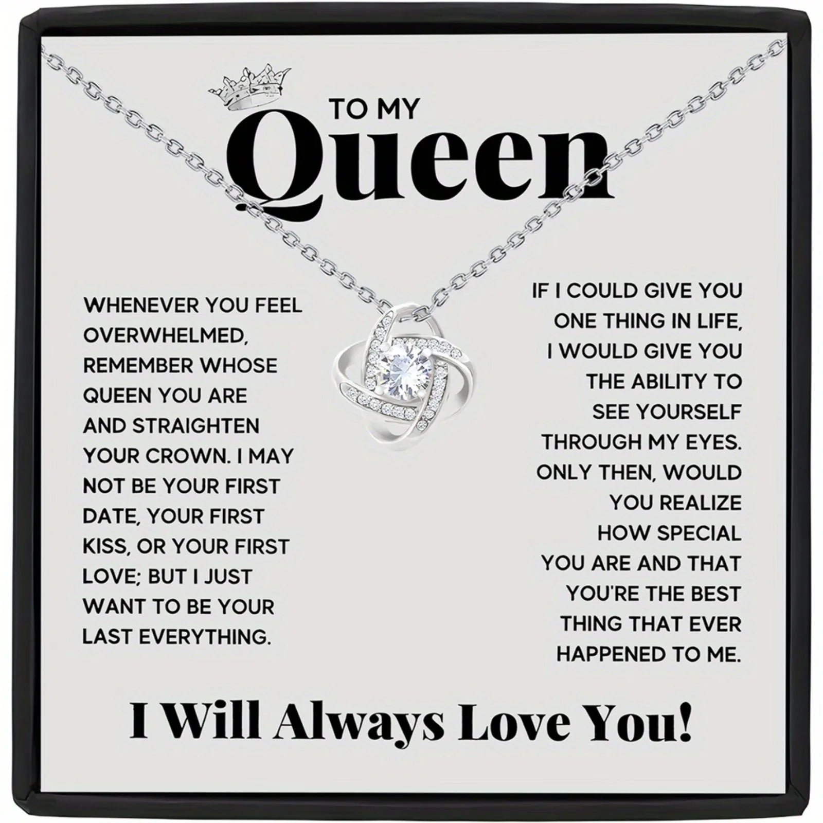 Elegant Love Knot Necklace, 'To My Queen' Perfect for Wife, Girlfriend, Soulmate, Any Holiday Gift,