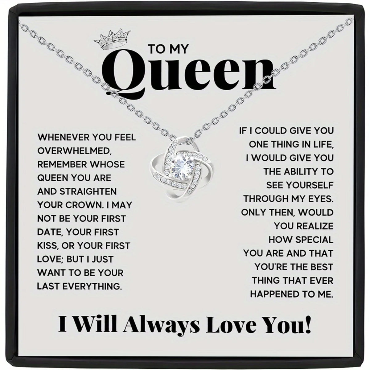 Elegant Love Knot Necklace, 'To My Queen' Perfect for Wife, Girlfriend, Soulmate, Any Holiday Gift,