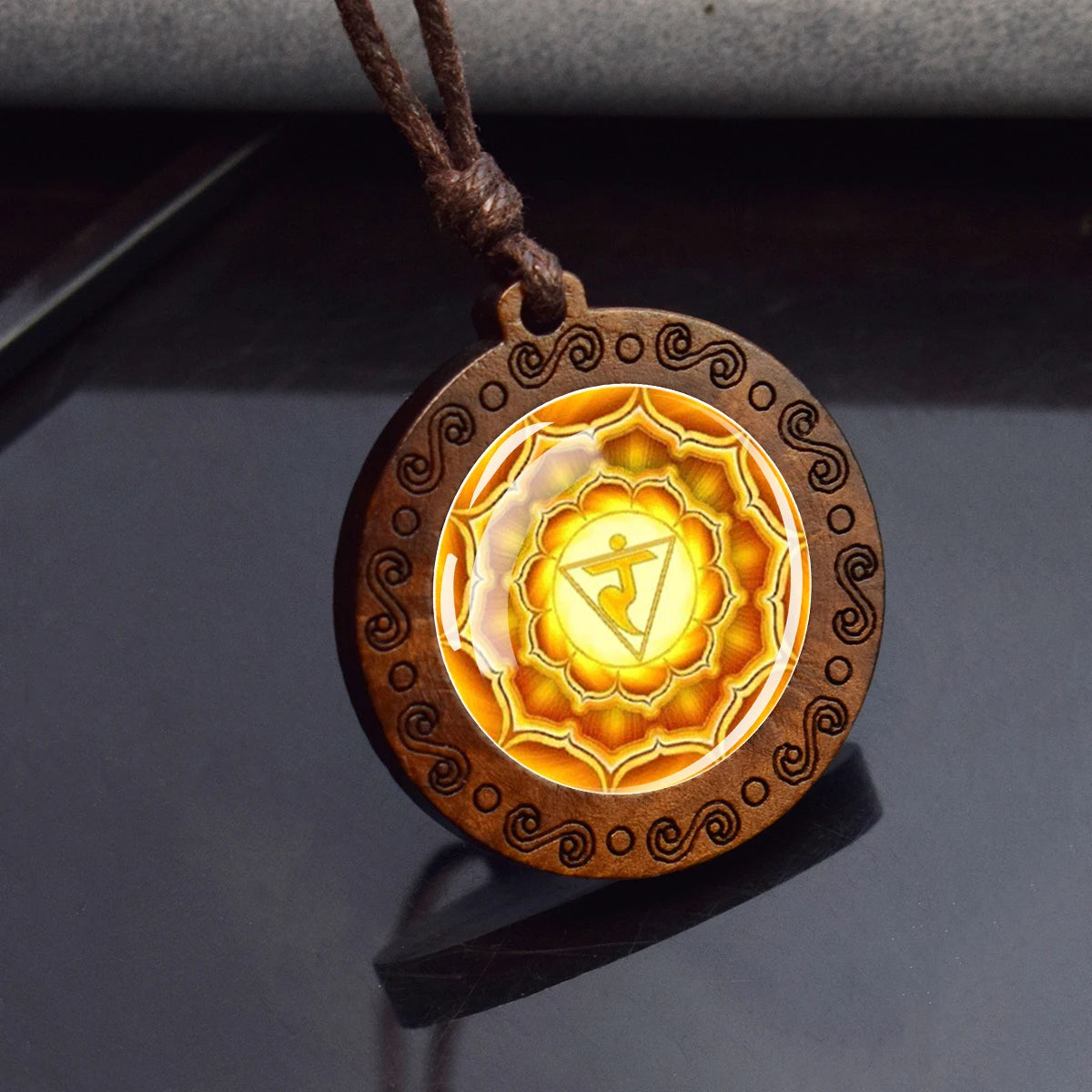 7Chakra Symbol Necklace Yoga Meditation Glass Dome Vintage Wooden Pendant Rope Chai additional angle