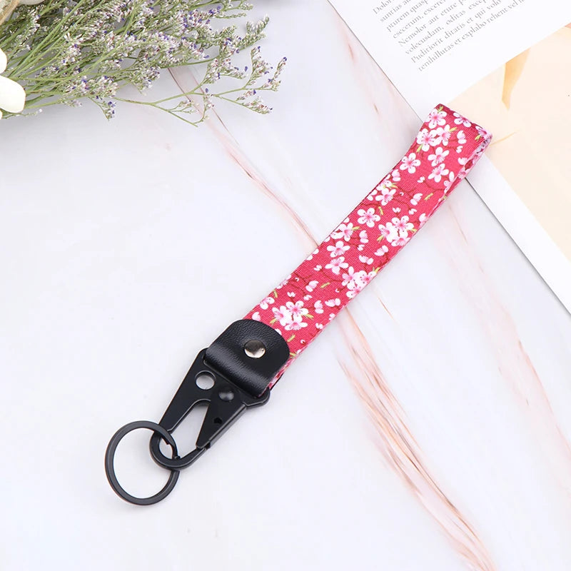 Sakura Cherry Blossom Car Keychain Lanyard | Metal Key Holder with Alloy Clip close-up view