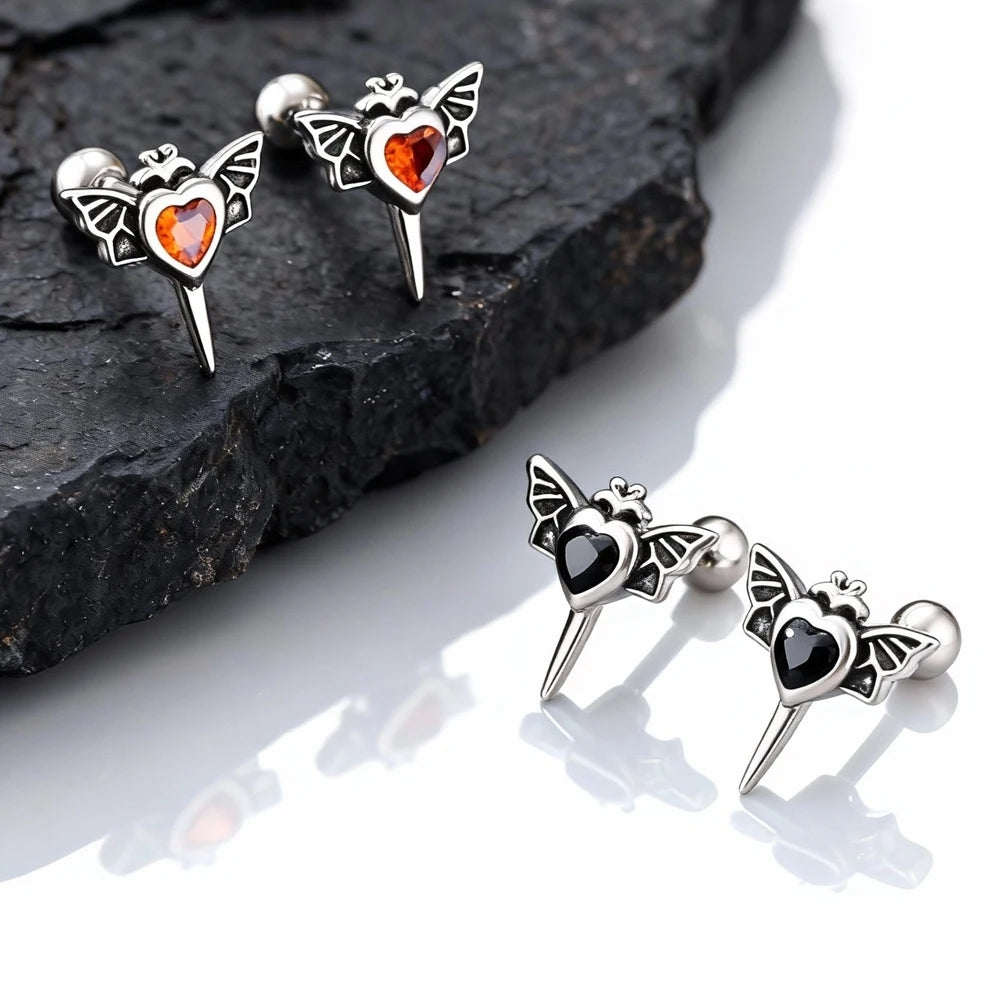 Gothic Wings Stud Earrings for Men Women,Vintage Stainless Steel Heart Zircon Sword S alternate view