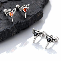 Gothic Wings Stud Earrings for Men Women,Vintage Stainless Steel Heart Zircon Sword S alternate view