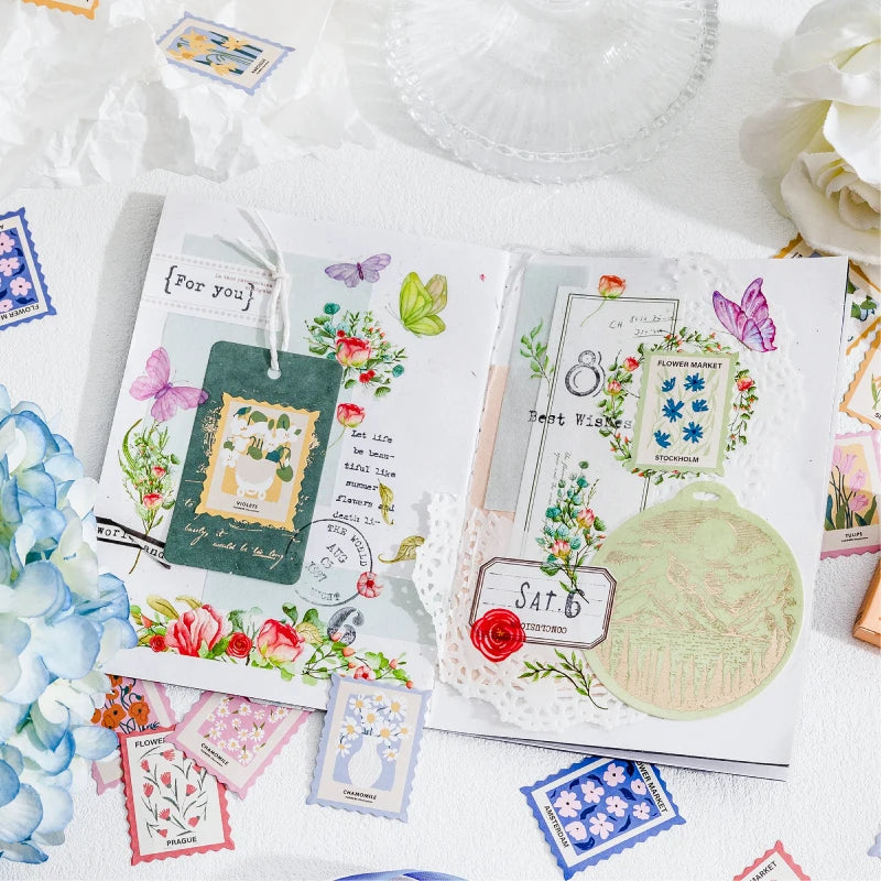 Flower Post Office Decorative Sticker Set | 46pcs Paper Stickers for Scrapbooking and close-up view