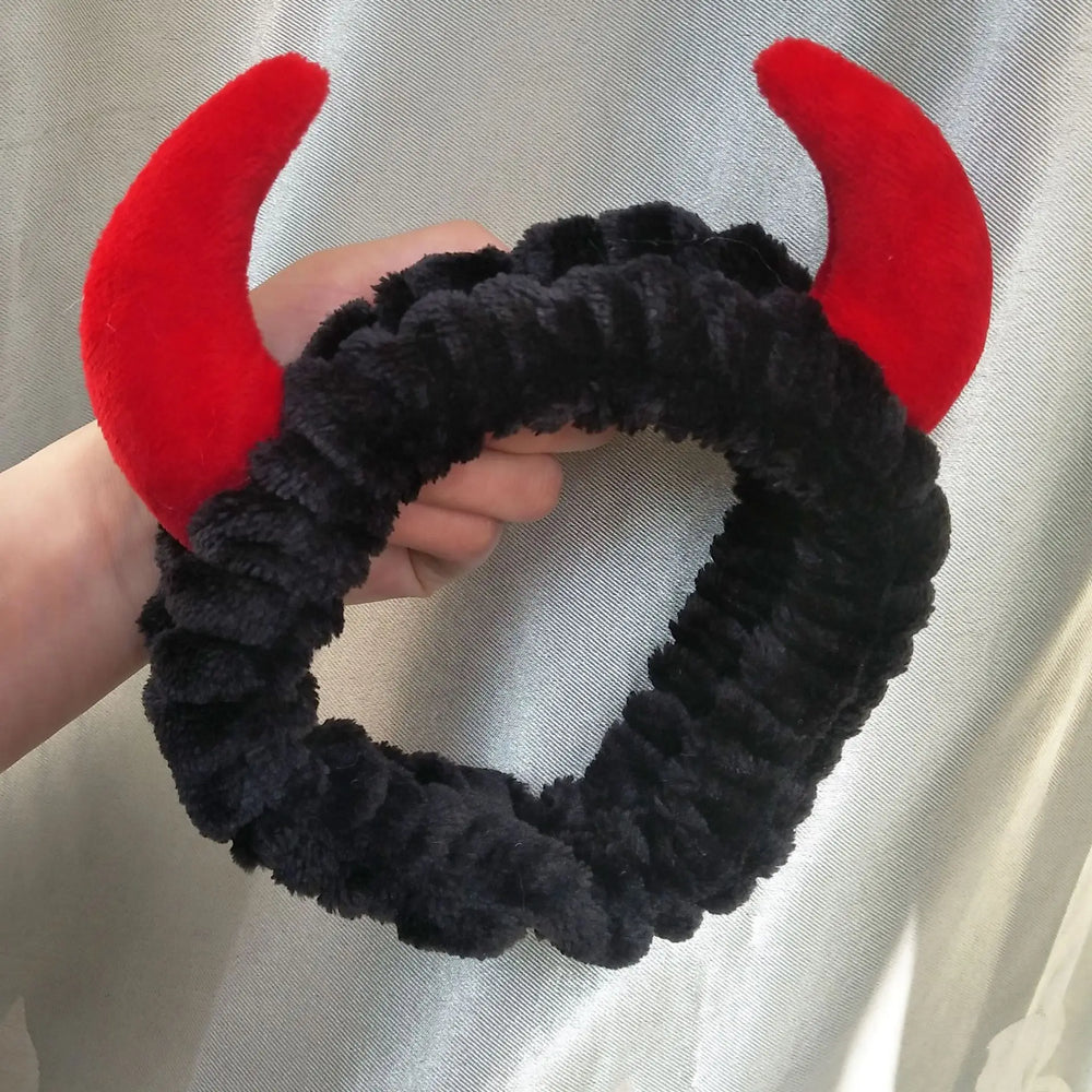Plush Headband Women Girls Cute Red Horns Soft Elastic Hairband Wash Face Sport Velve alternate view