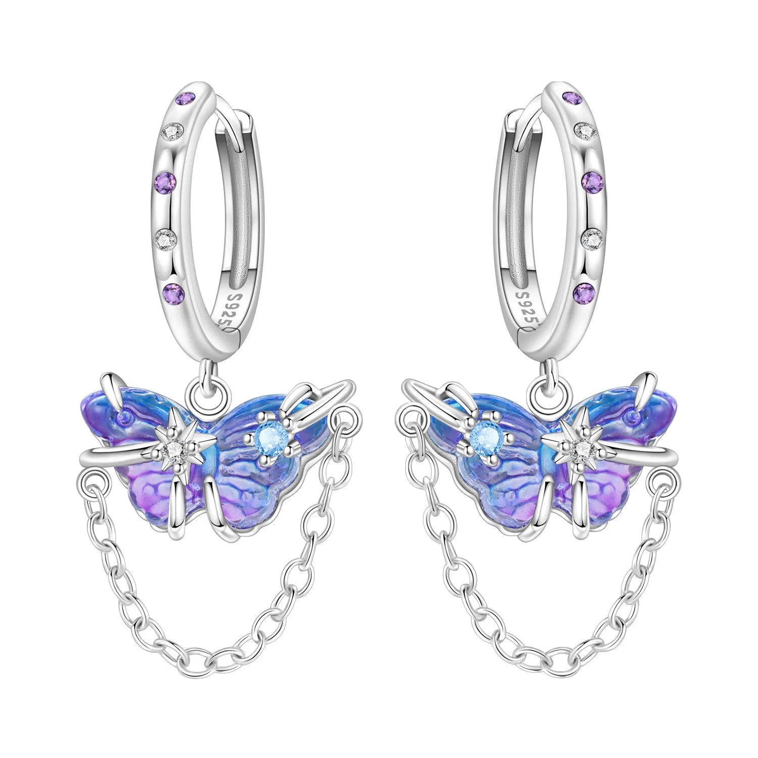 PANPOKI Original 925 Sterling Silver Double Butterfly Insect Earrings Women Hoop Earr alternate view