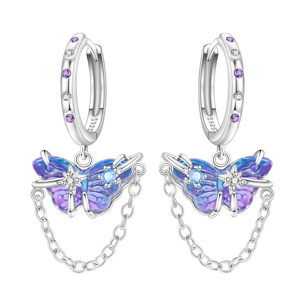PANPOKI Original 925 Sterling Silver Purple Butterfly Insect Earrings Women Hoop Earring detail view