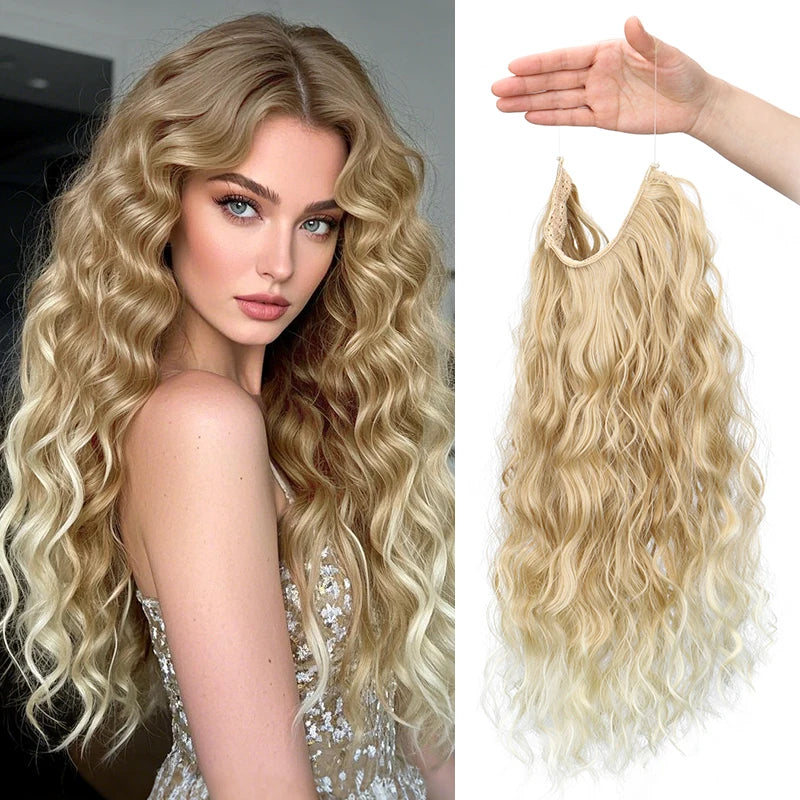Long Synthetic Fishing Line Hair Extensions Elegant Water Wave Curly Styles for Women close-up view