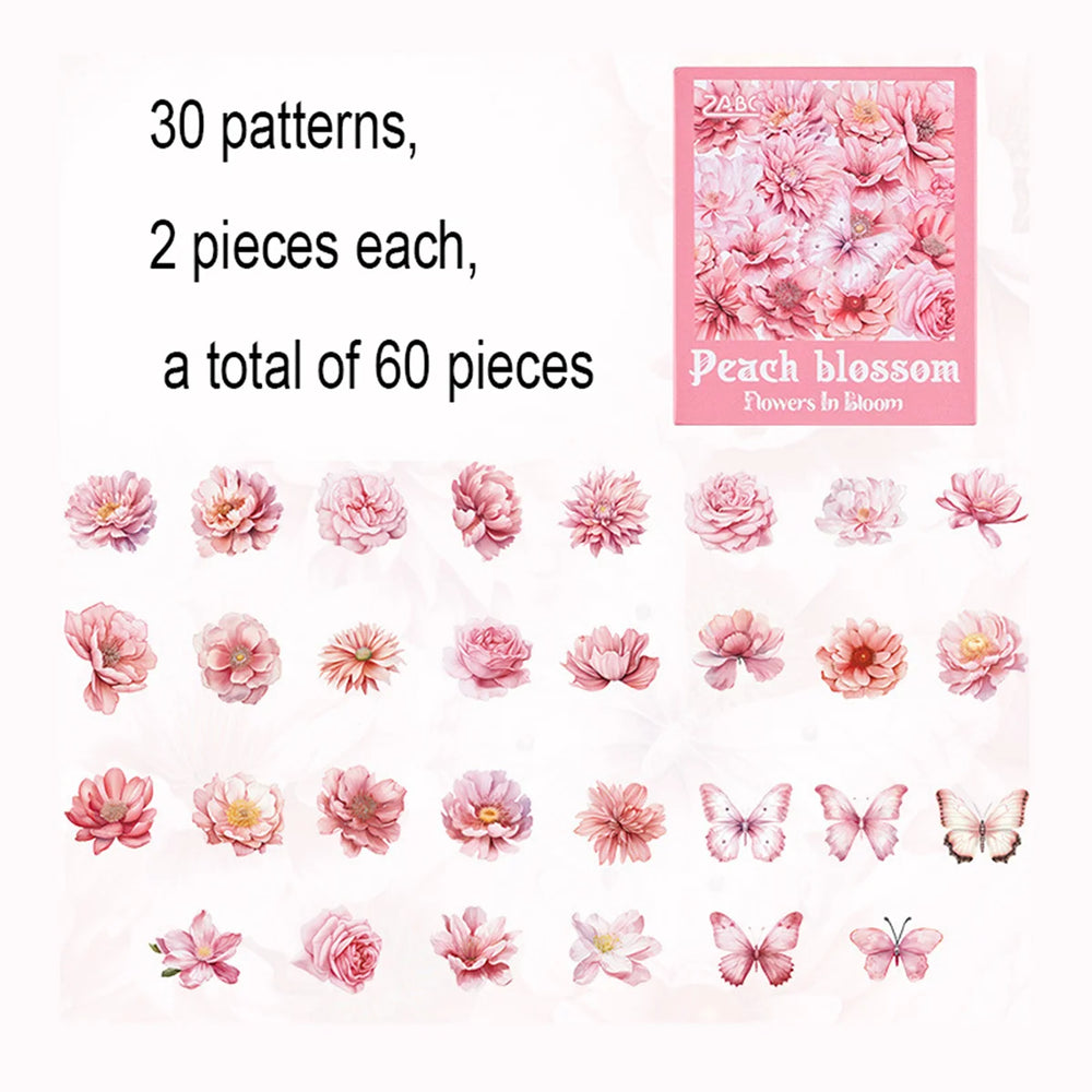 60 Pieces Plant Flower Pattern PET Stickers | Beautifully Decorated Scrapbook Stickers close-up view
