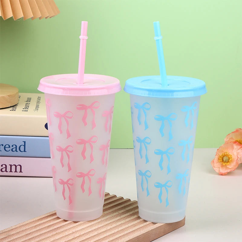 710ml Bow Reusable Party Cups With Straw Lid Coffee Juice Tea Cute Tumbler With Straw Plastic Cups G
