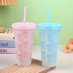 710ml Bow Reusable Party Cups With Straw Lid Coffee Juice Tea Cute Tumbler With Straw Plastic Cups G