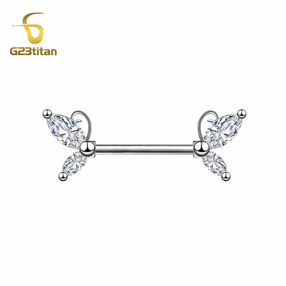 2pc Bohemia Silver Color Zircon Butterfly Nipple Rings G23 Titanium Straight Rod Bo additional angle