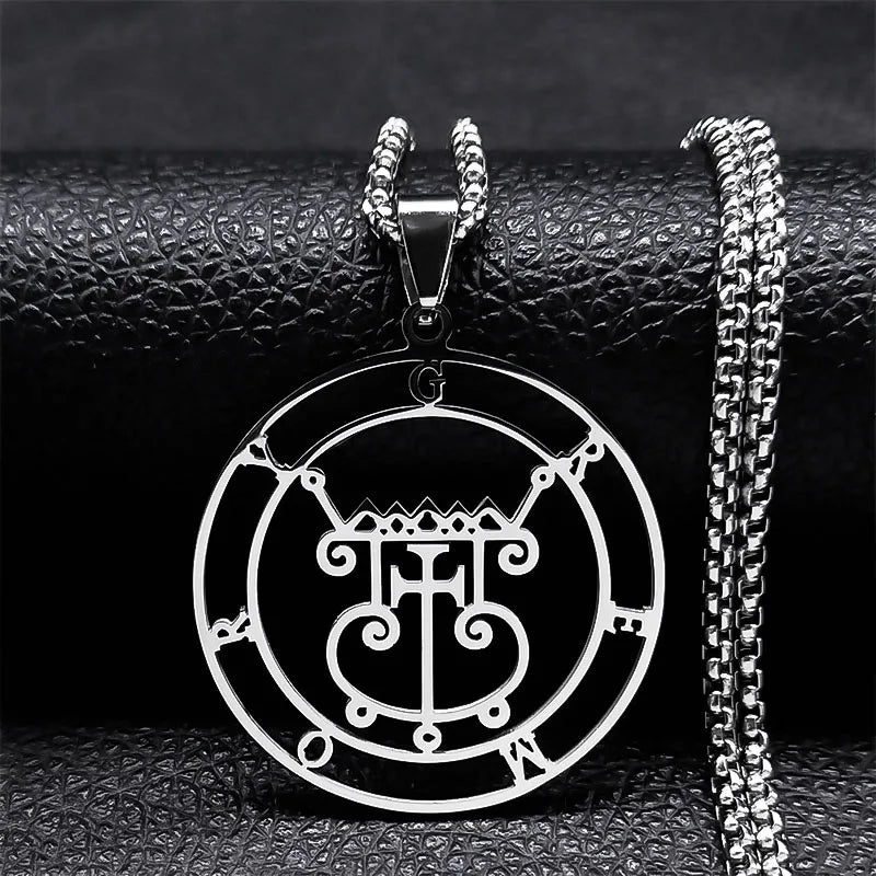 Sigeal Sigil De Lucifer Stainless Steel Satan Necklace | Asmoday Key Baphomet Pendant Je detail view